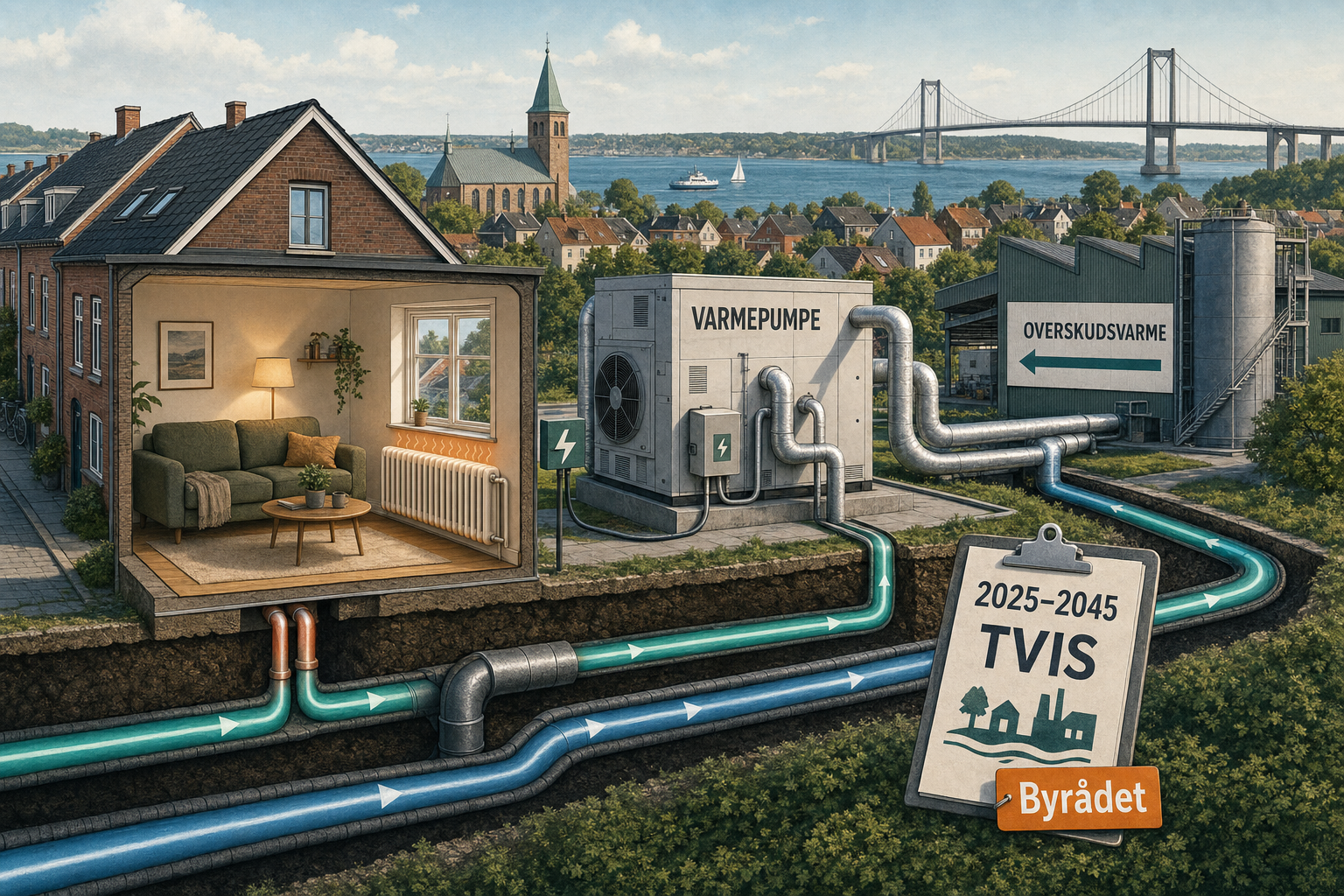 Illustration til: Fremtidens fjernvarme: El og overskudsvarme skal varme stuerne op