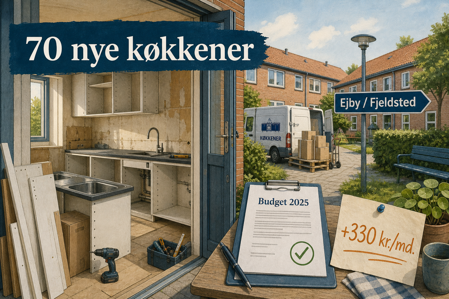 Illustration til: Grønt lys til 70 nye køkkener i Ejby og Fjeldsted – men huslejen stiger