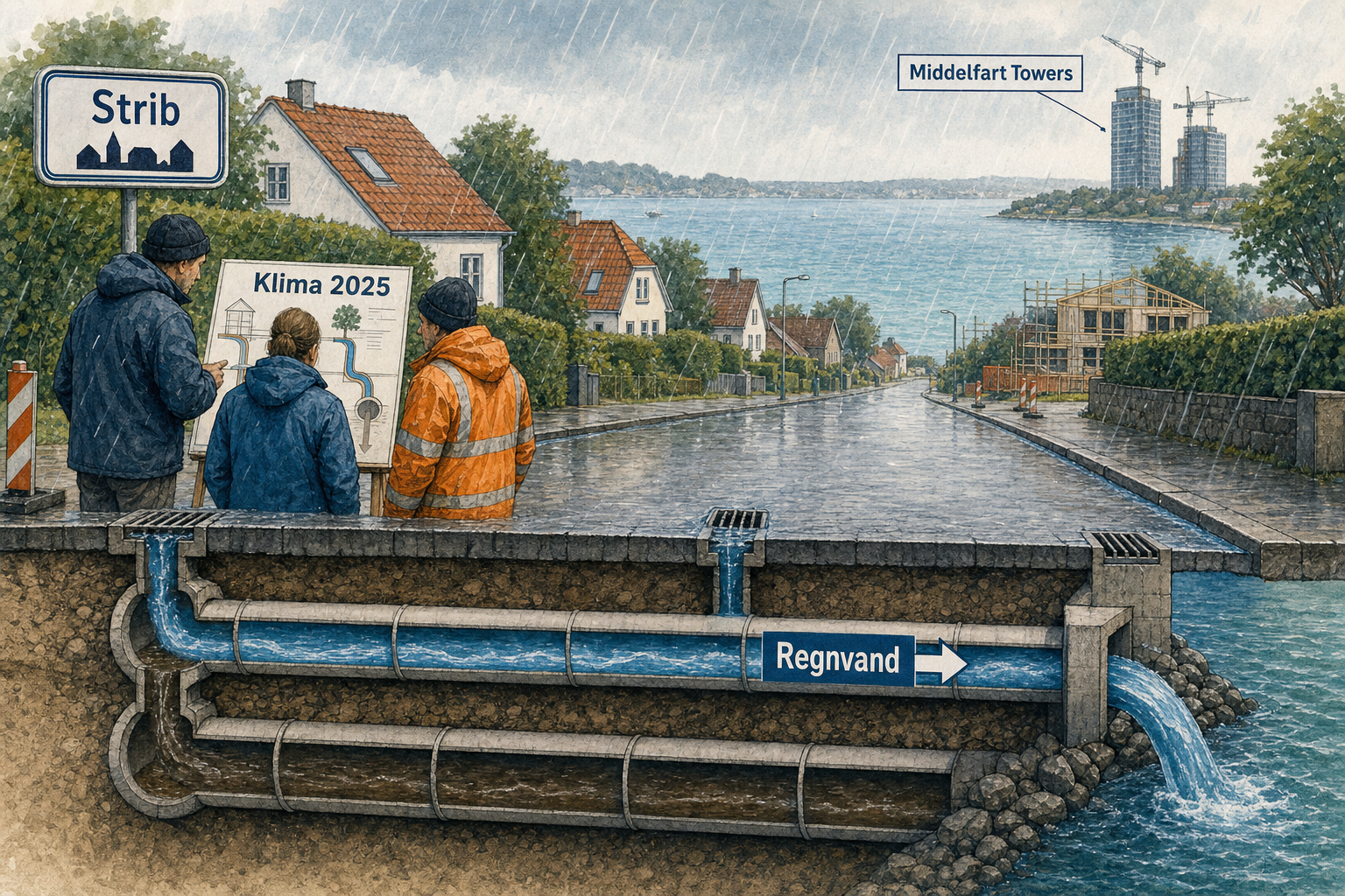 Illustration til: Kloaknettet ændres: Strib klimasikres og Middelfart Towers kobles på