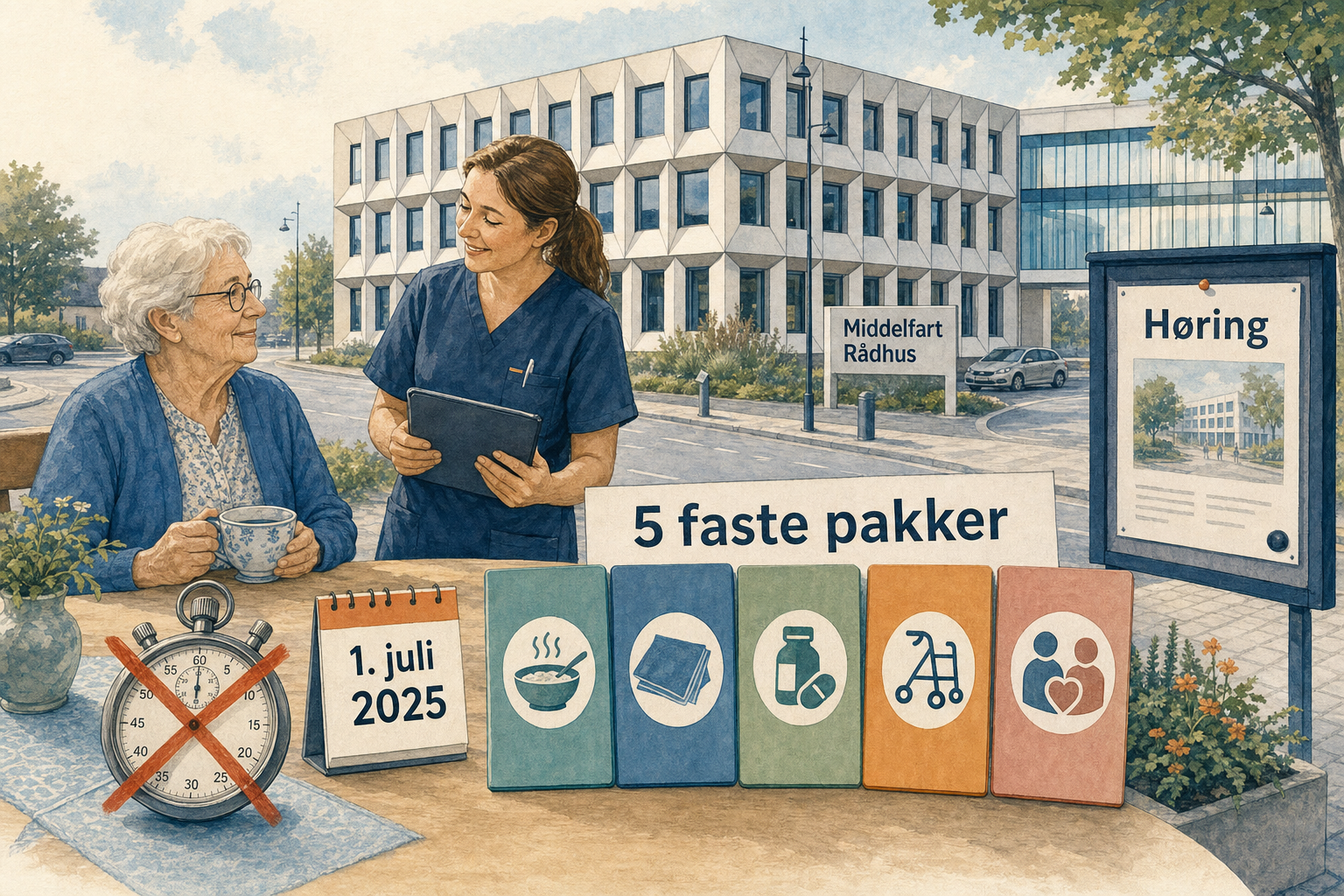 Illustration til: Slut med stopur i ældreplejen: Nu får de ældre fem faste pakker