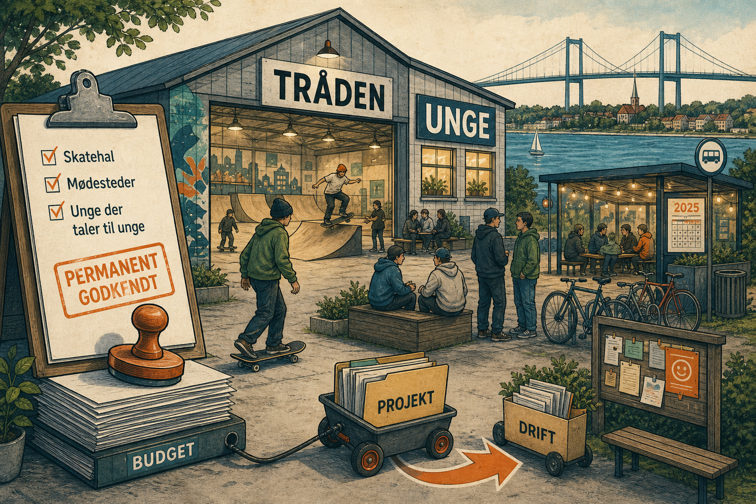 Illustration til: Middelfart gør ungeindsats permanent: Skatehal, mødesteder og unge der taler til unge