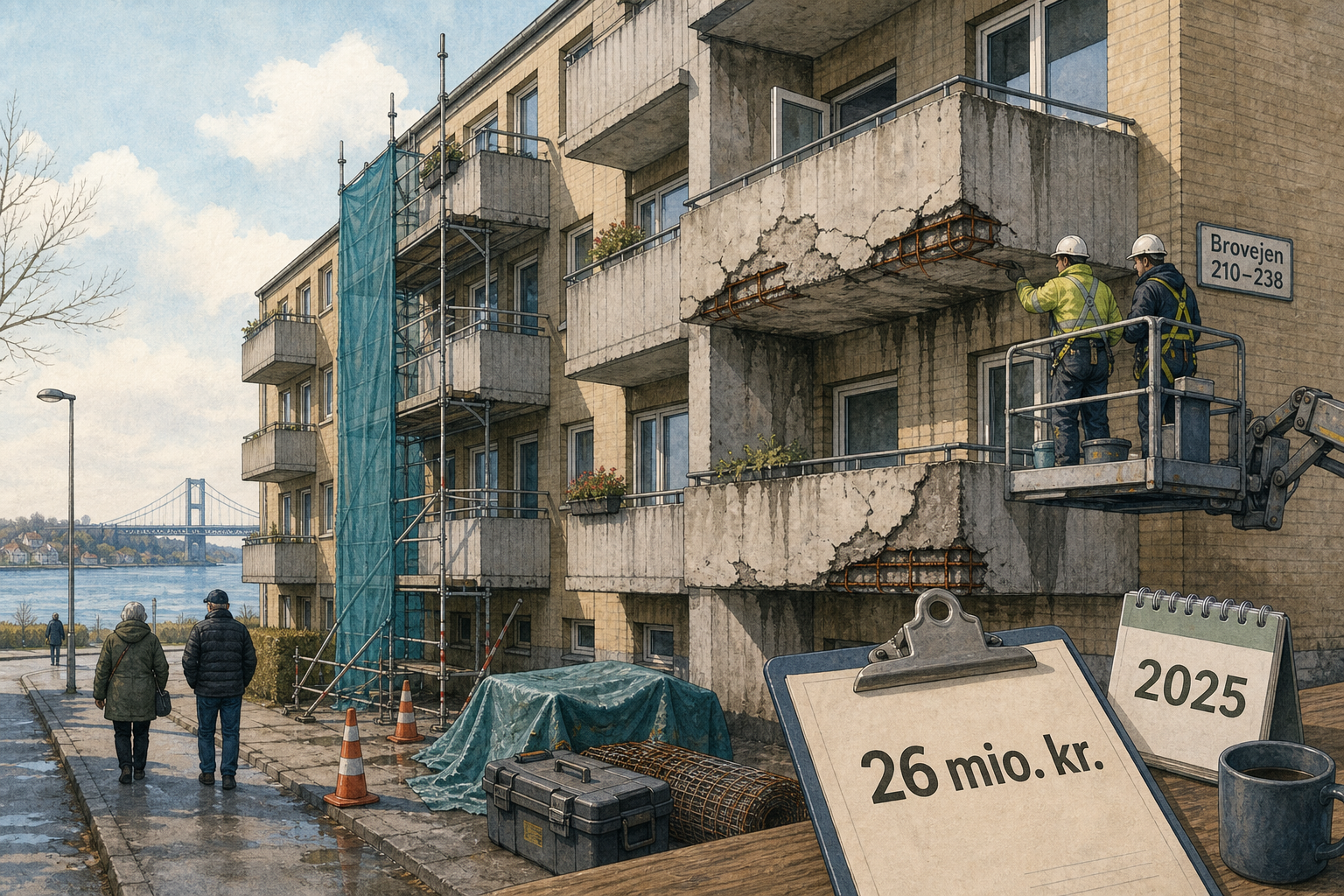 Illustration til: Slidte altaner på Brovejen skal renoveres for 26 millioner