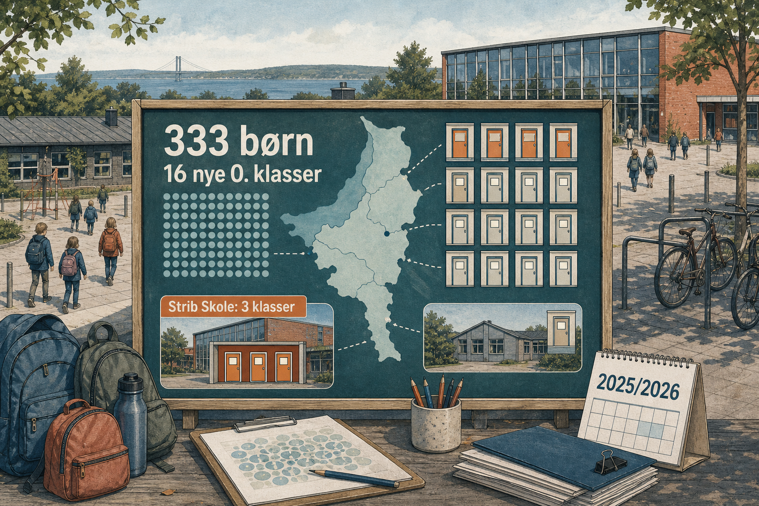 Illustration til: 333 børn fordeles i 16 nye 0. klasser – Strib får tre klasser
