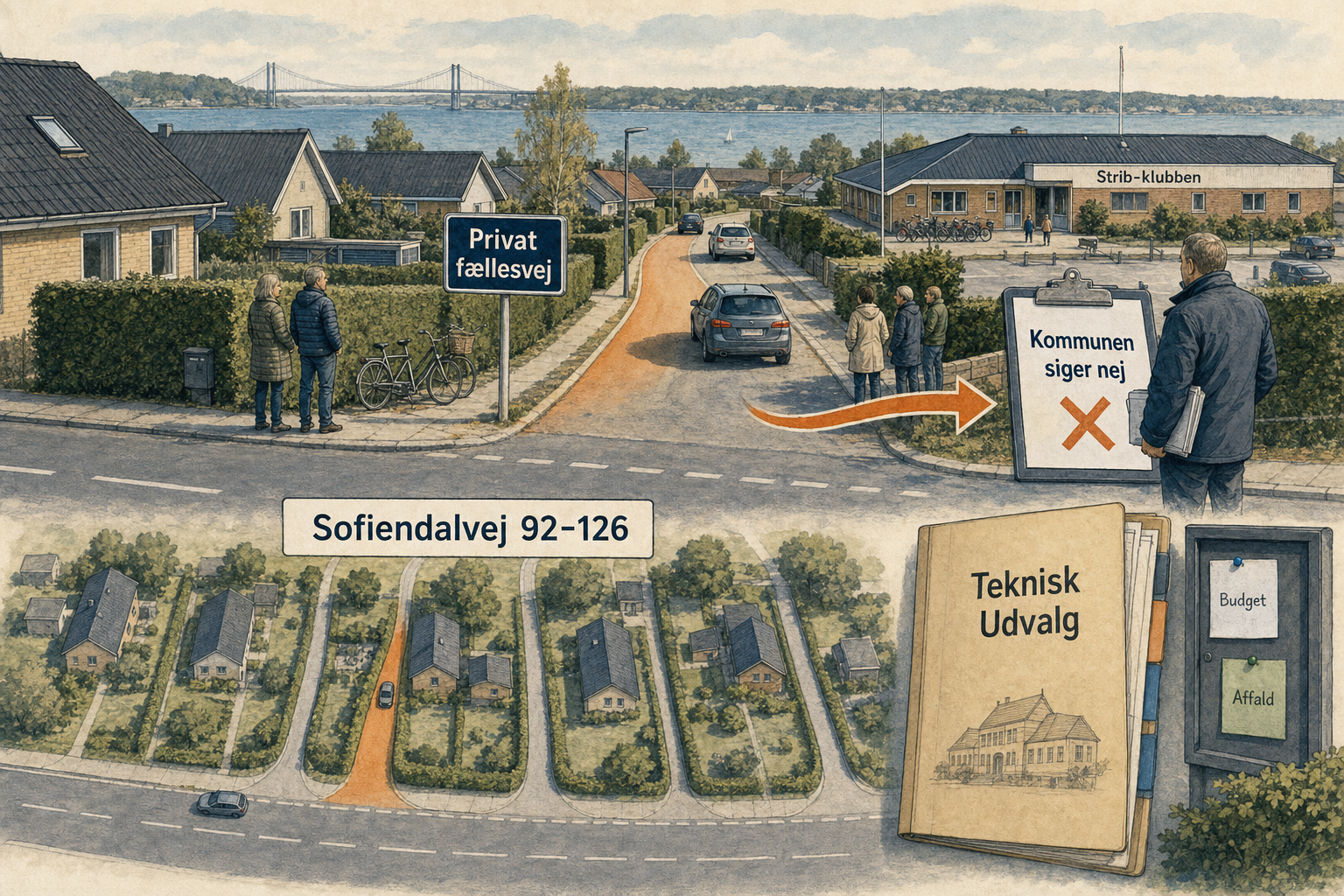Illustration til: Beboere ved Sofiendalvej vil have vænget gjort offentligt – kommunen siger nej