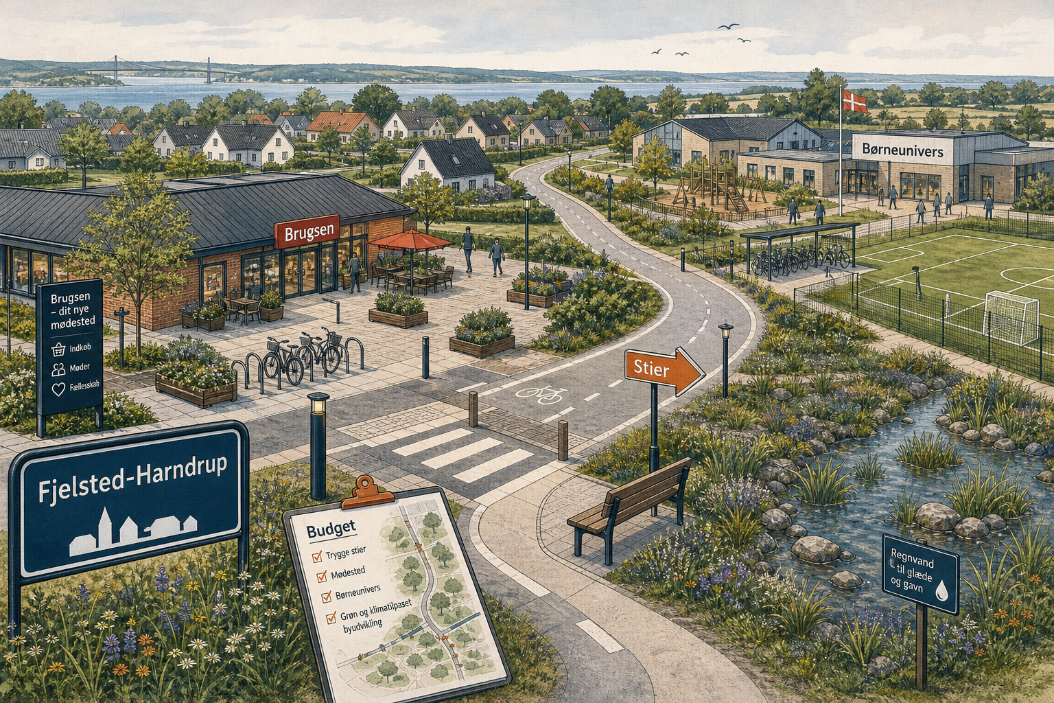 Illustration til: Fem spor skal styrke Fjelsted-Harndrup: byrum, boliger, stier og Børneunivers