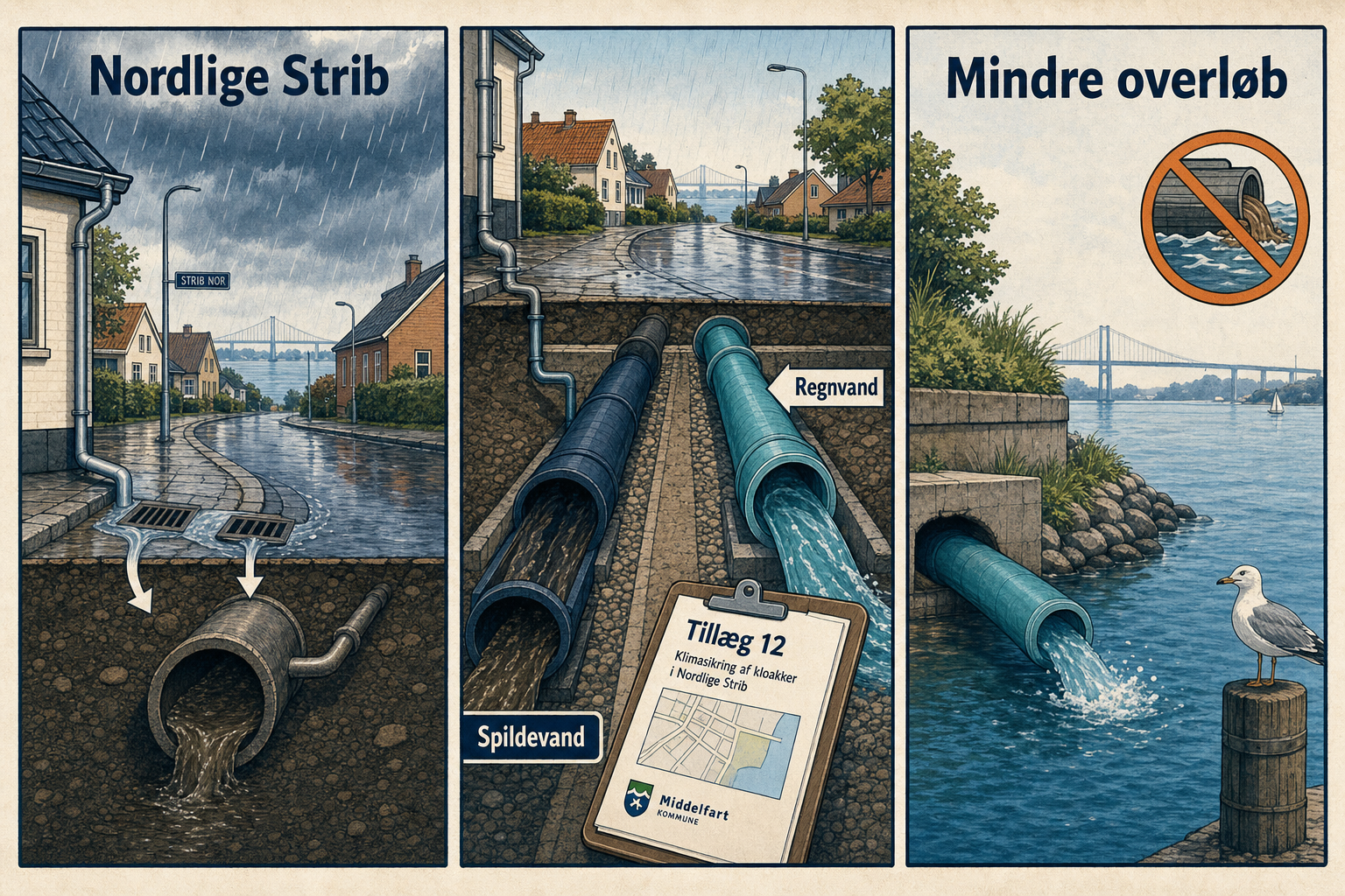 Illustration til: Kloakker i nordlige Strib klimasikres – regnvand ledes væk fra fælleskloakken