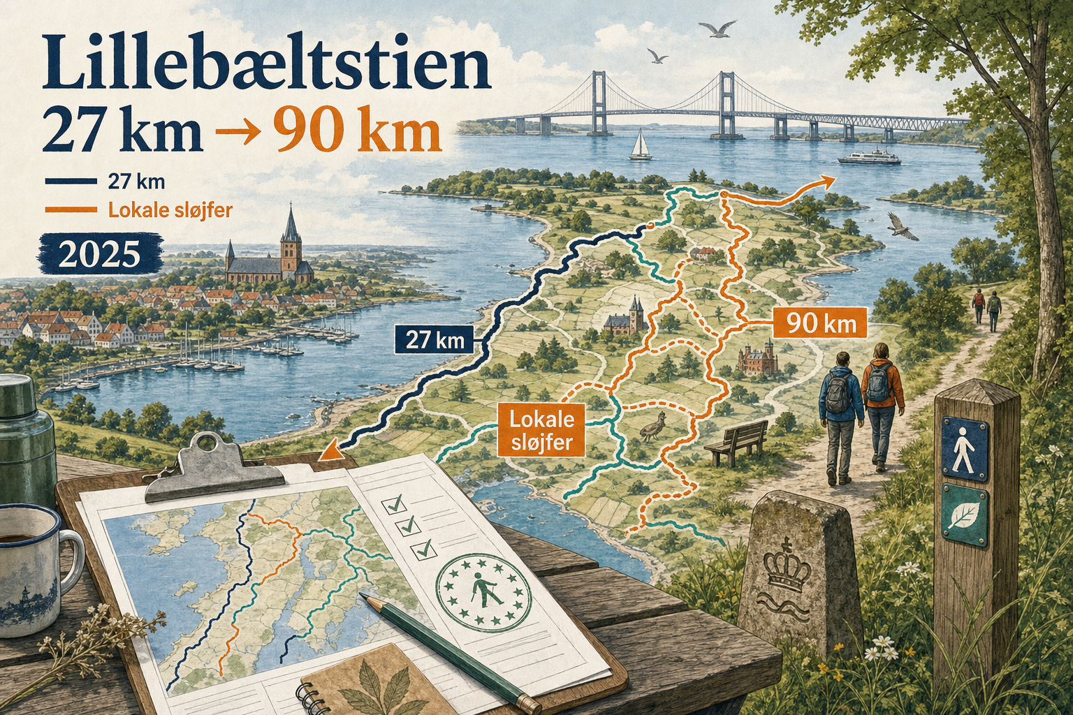 Illustration til: Lillebæltstien skal vokse fra 27 til 90 kilometer med lokale sløjfer