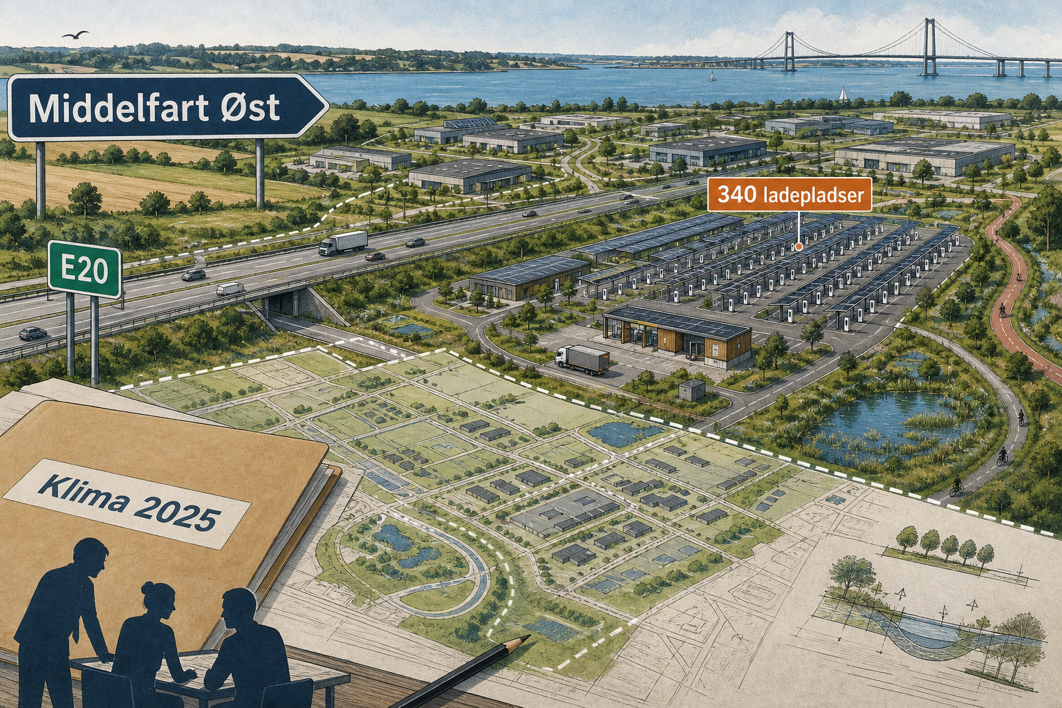 Illustration til: 100 hektar erhvervsområde ved E20 tager form – ladepark på 340 pladser i spil