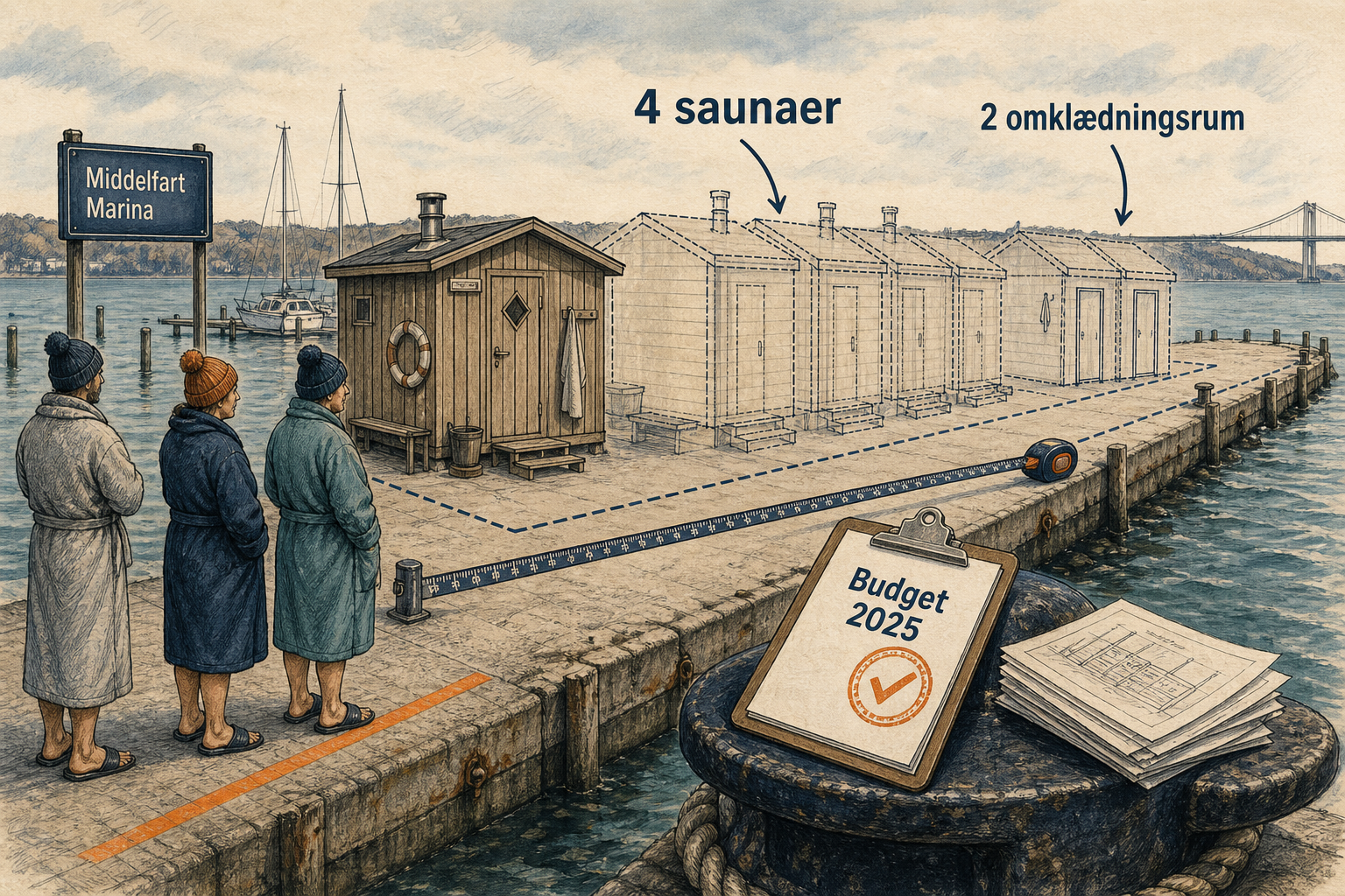 Illustration til: Flere saunaer på molen: Havbad vil udvide på Middelfart Marina