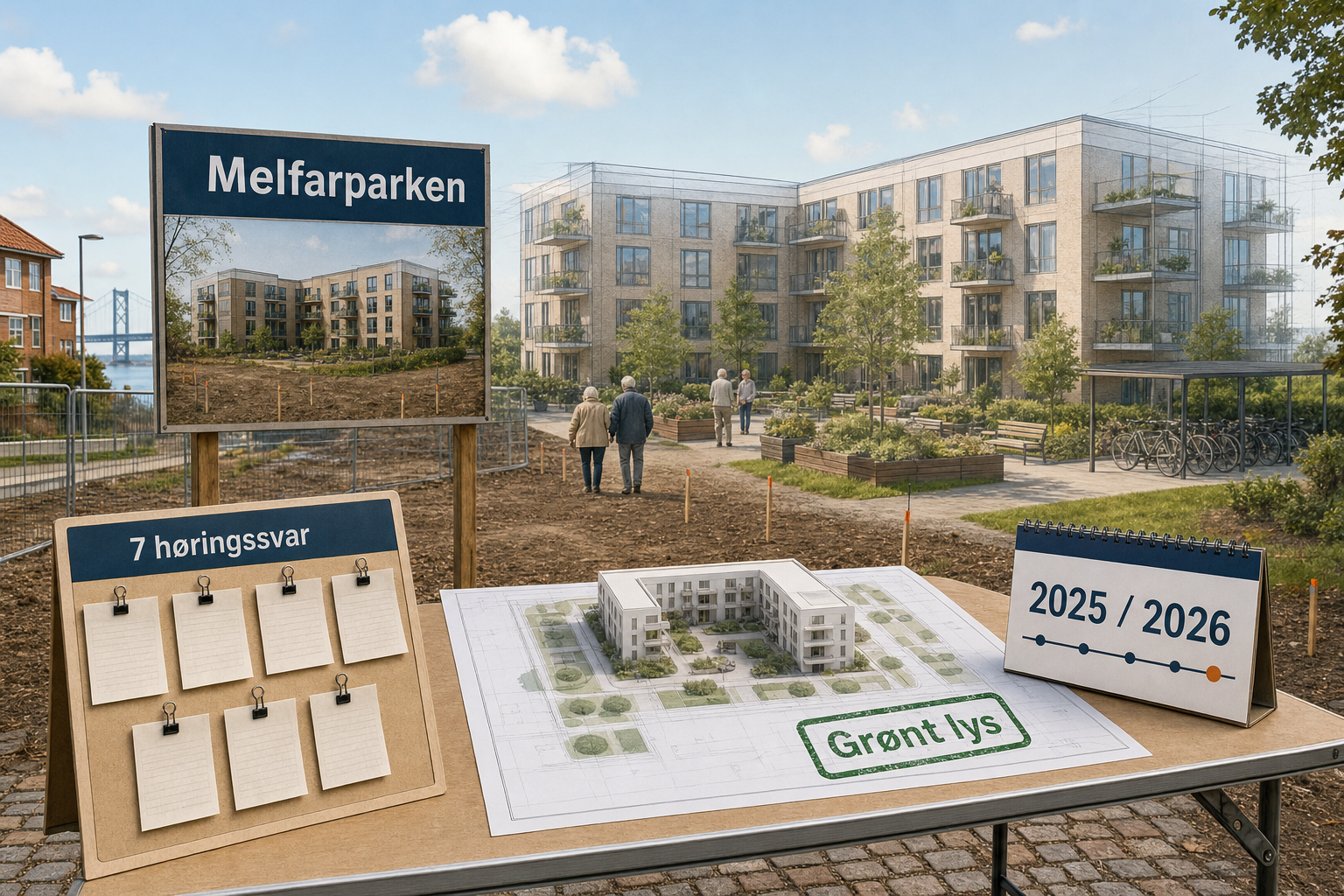 Illustration til: Grønt gårdrum og seniorfællesskab: Etagebyggeri får endeligt grønt lys i Melfarparken