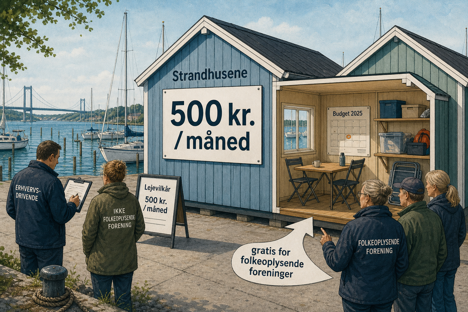 Illustration til: Leje af strandhuse ved marinaen får fast pris: 500 kr. om måneden