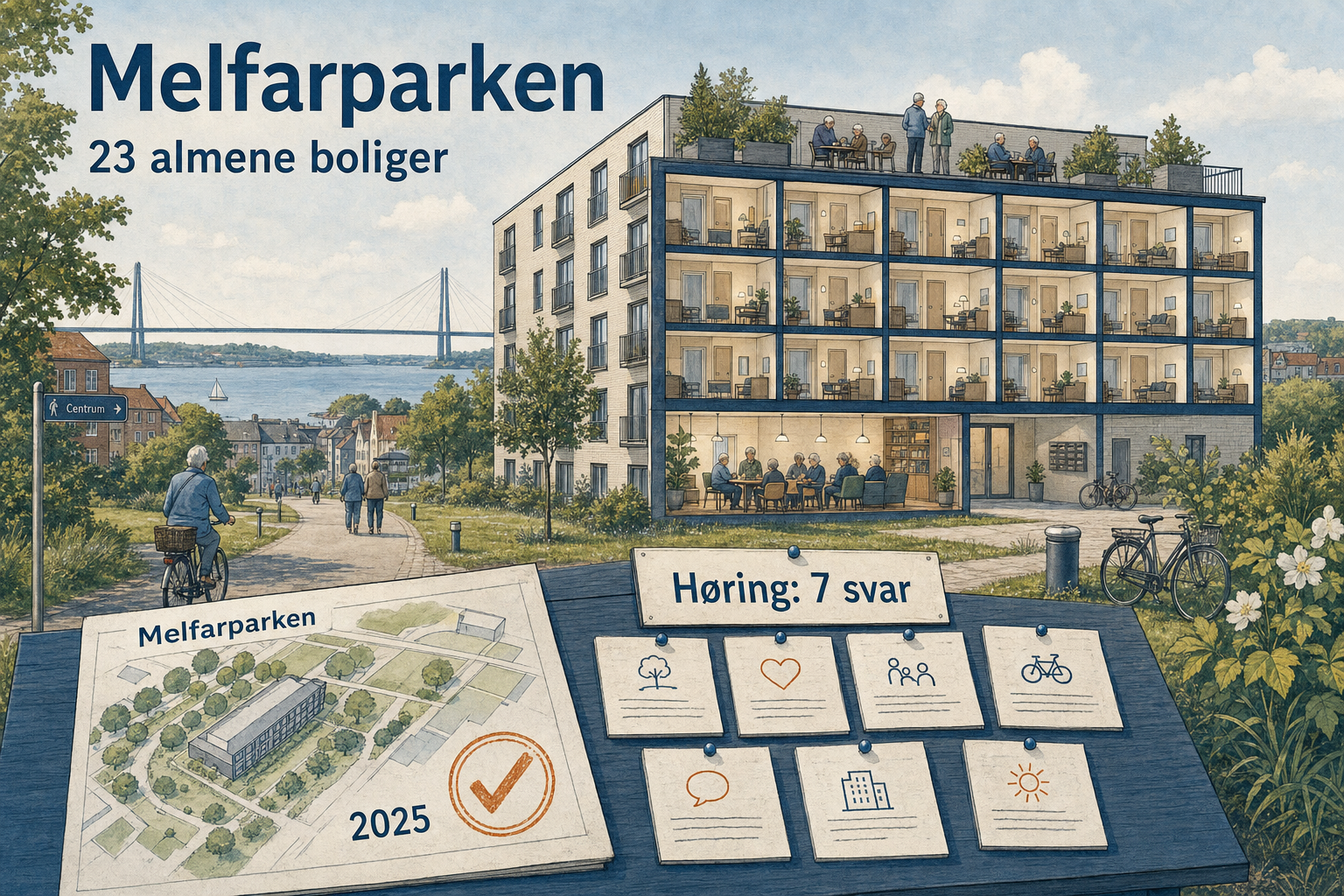 Illustration til: Seniorbofællesskab med 23 almene boliger får grønt lys i Melfarparken