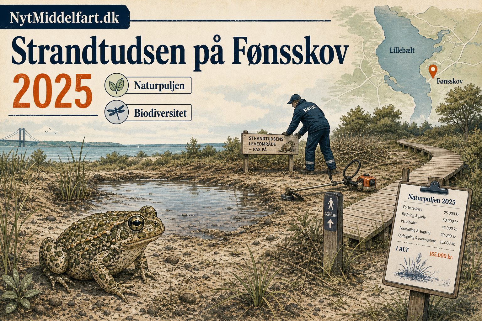 Illustration til: Strandtudsen på Fønsskov får hjælp – sådan bruges naturpuljen i år