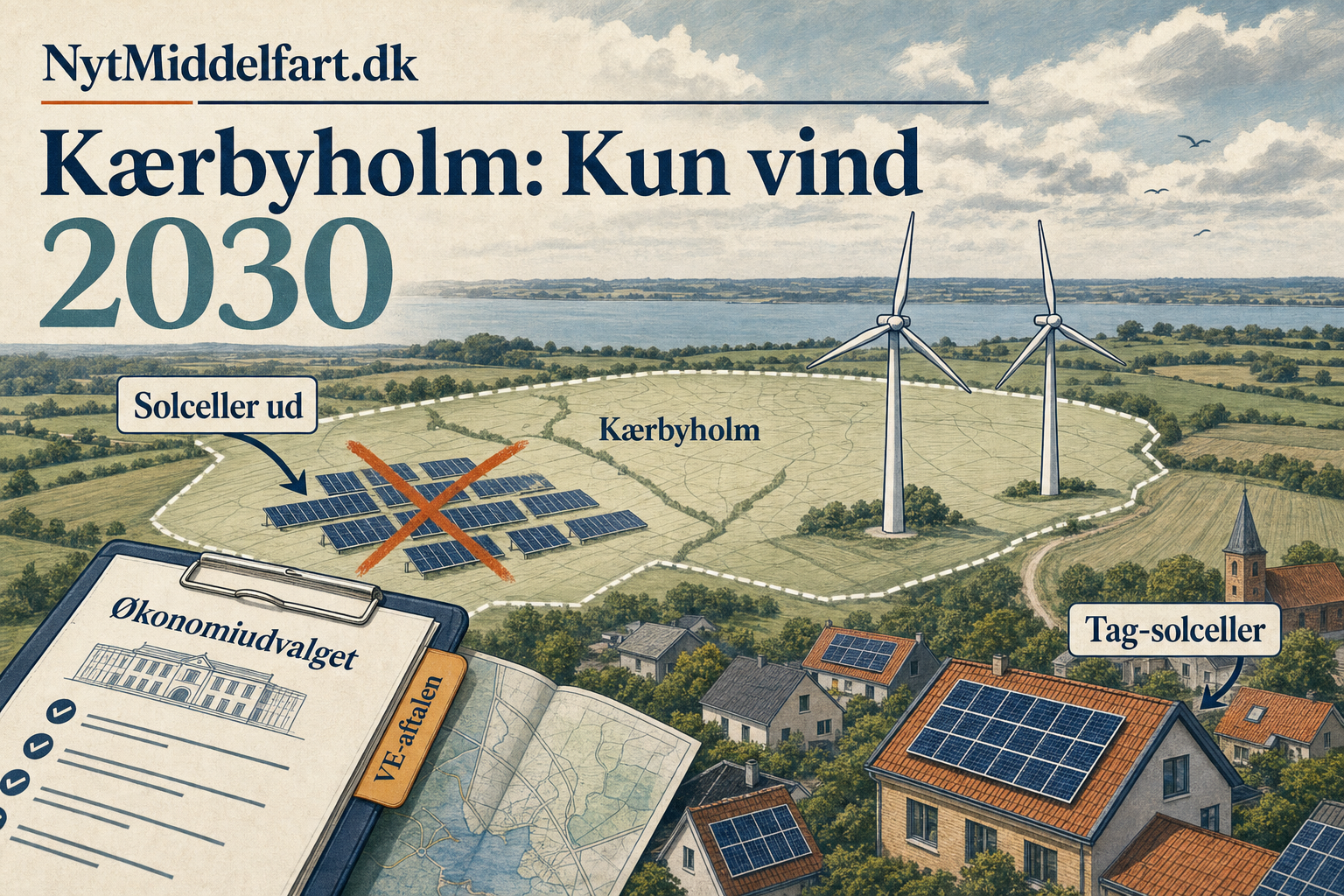 Illustration til: Kærbyholm skifter spor: Solceller tages ud – vindmøller bliver eneste mulighed