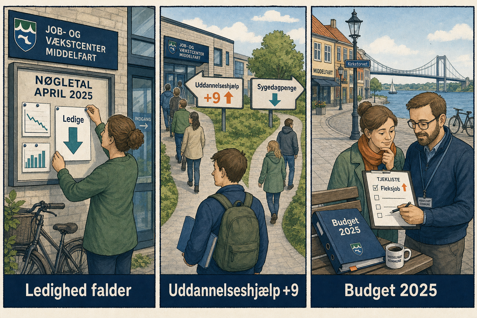 Illustration til: Ledighed falder – men flere på uddannelseshjælp i april
