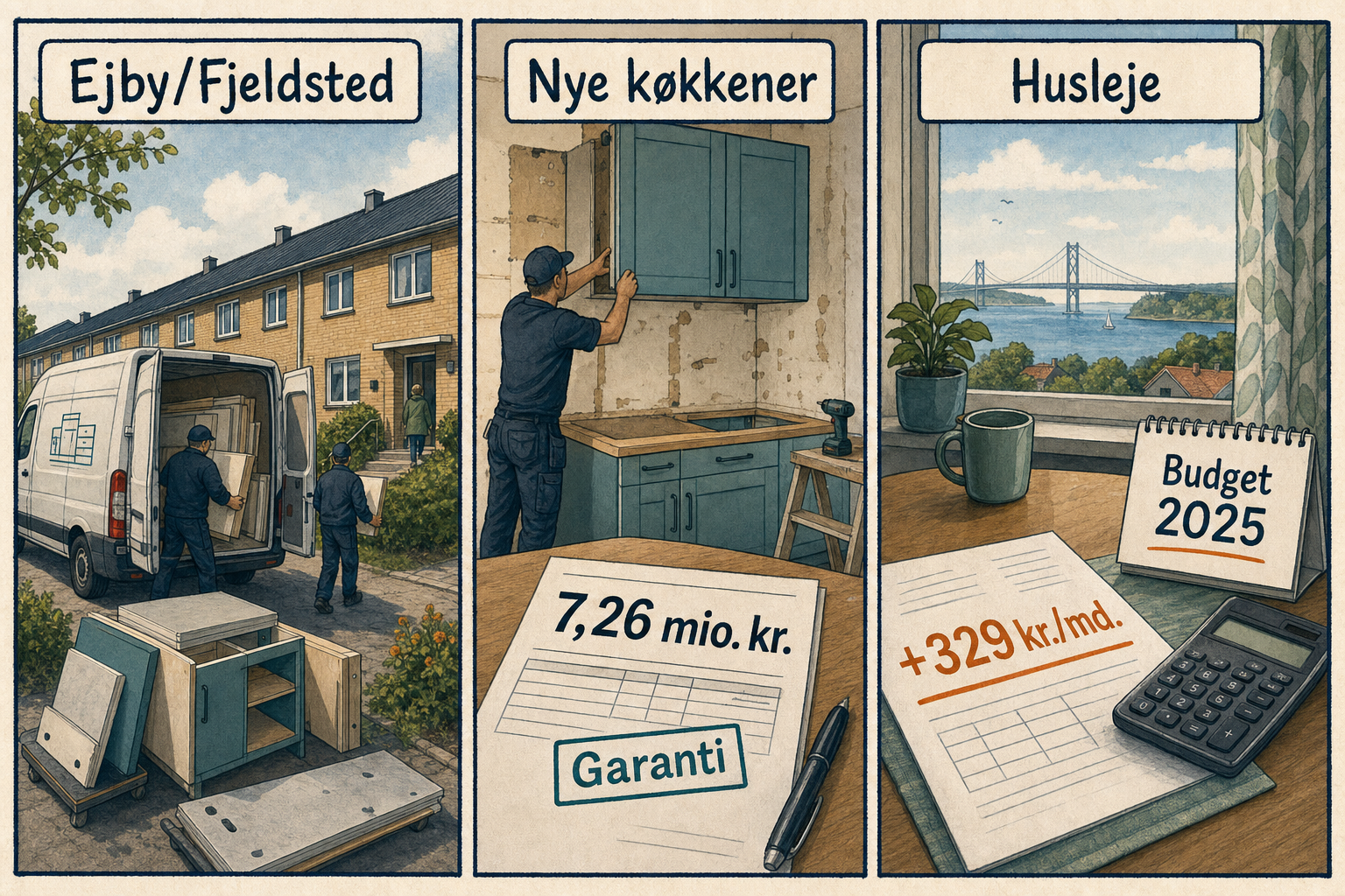 Illustration til: Nye køkkener i Ejby/Fjeldsted: Huslejen stiger ca. 329 kr. om måneden