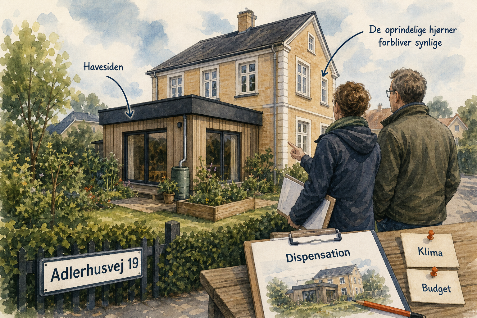 Illustration til: Grønt byggeri får dispensation: Tagpap og træ på tilbygning ved Adlerhusvej