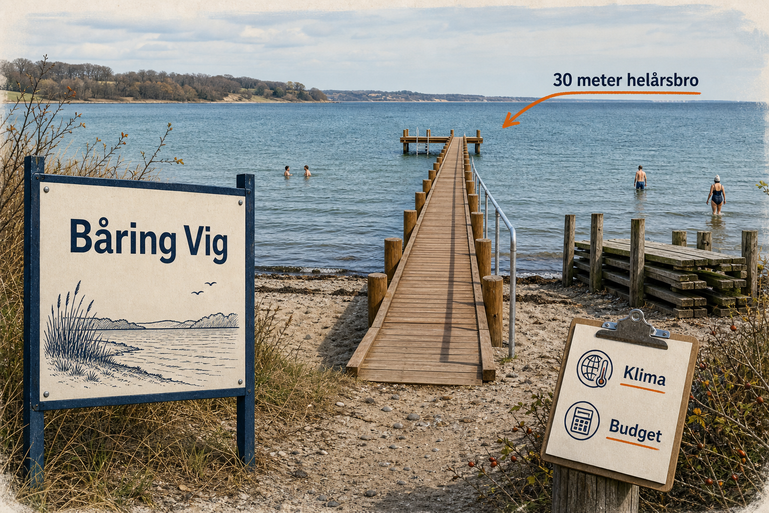 Illustration til: Helårsbadebro på 30 meter kan blive ny fast adgang til vandet ved Båring Vig