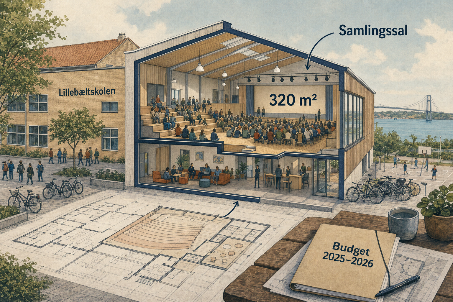 Illustration til: Ny samlingssal skal samle Lillebæltskolen – 320 m² med amfi og lounge