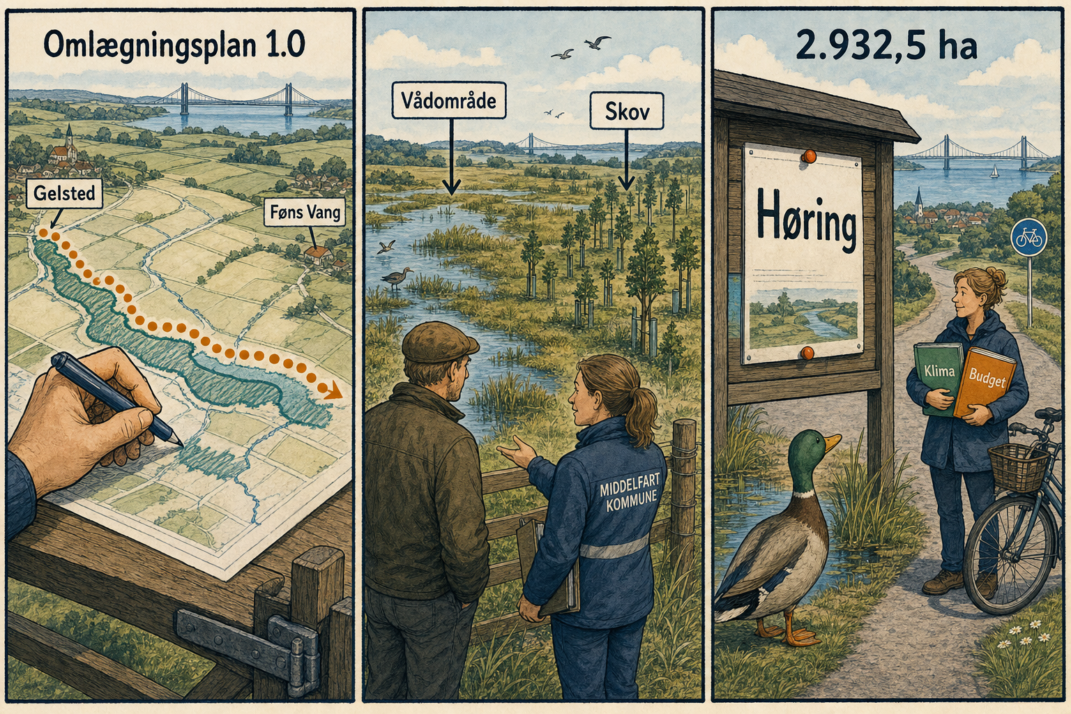 Illustration til: Nyt naturbælte fra Gelsted til Føns Vang tegnes ind i Grøn Trepart-plan