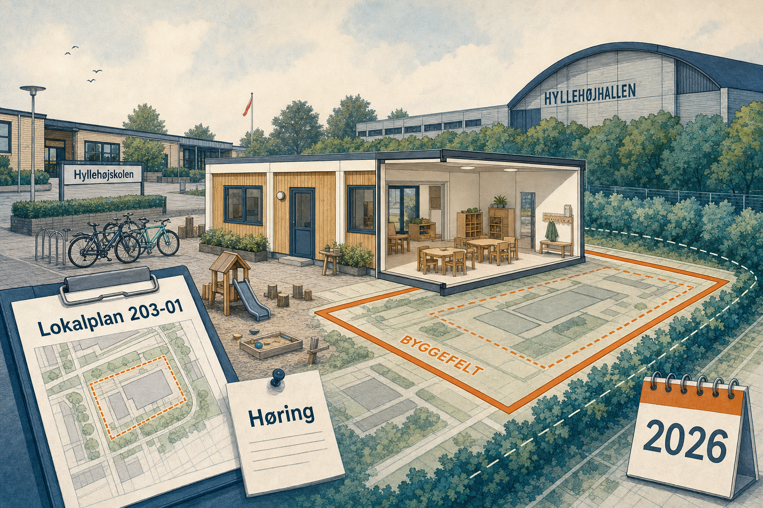 Illustration til: Pavillon ved Hyllehøjskolen skal gøres permanent med ny lokalplan