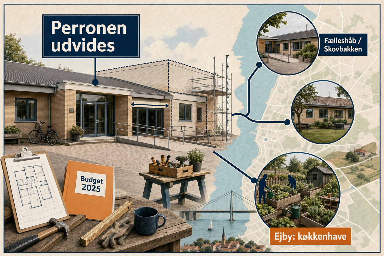 Illustration til: Dagbeskæftigelsen rykker: Perronen udvides, og Ejby får køkkenhave-tilbud