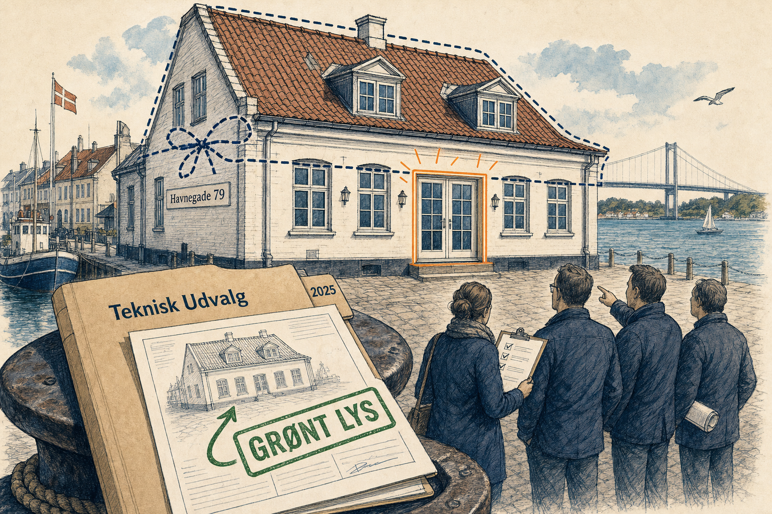 Illustration til: Grønt lys til terrassedøre i det gamle havnekontor på Havnegade