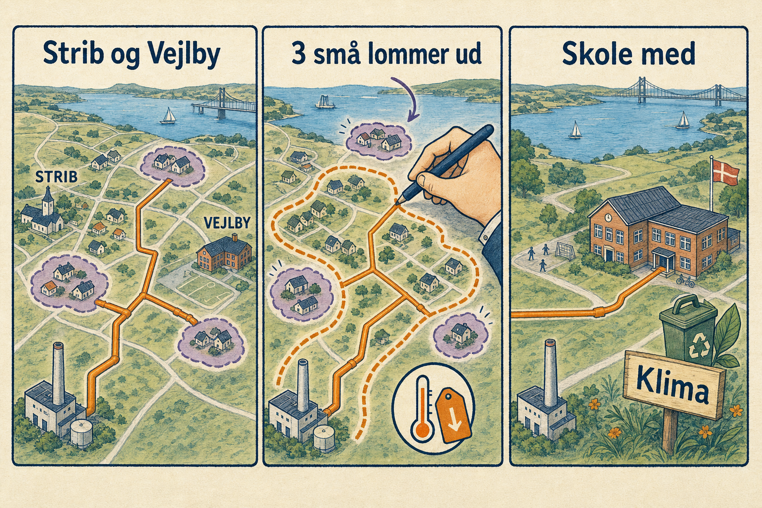 Illustration til: Små lommer i Strib og ved Vejlby tages ud af fjernvarmeplanen
