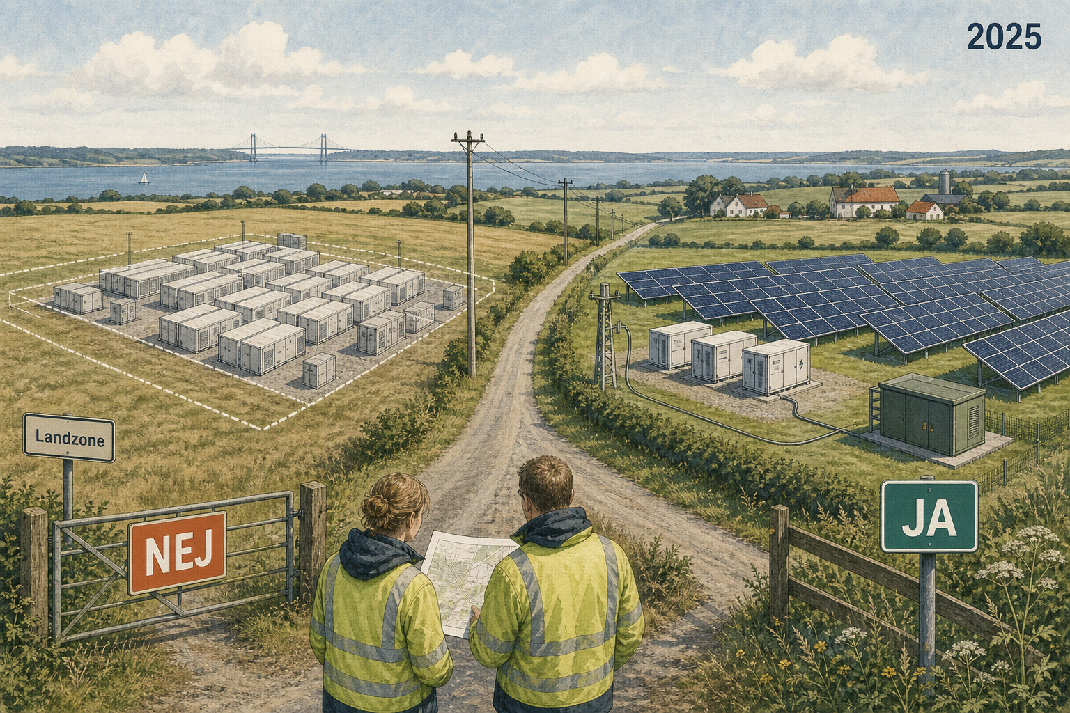 Illustration til: Større batteriparker i landzone får nej – batterier i solcelleparker får ja