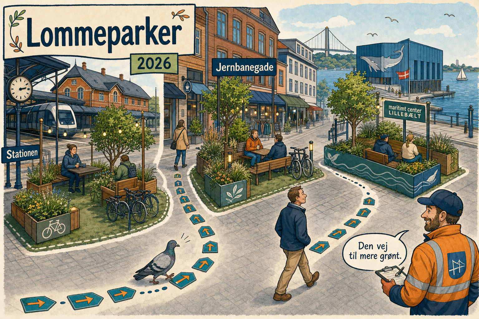 Illustration til: Tre nye lommeparker skal teste mere grønt byliv i midtbyen