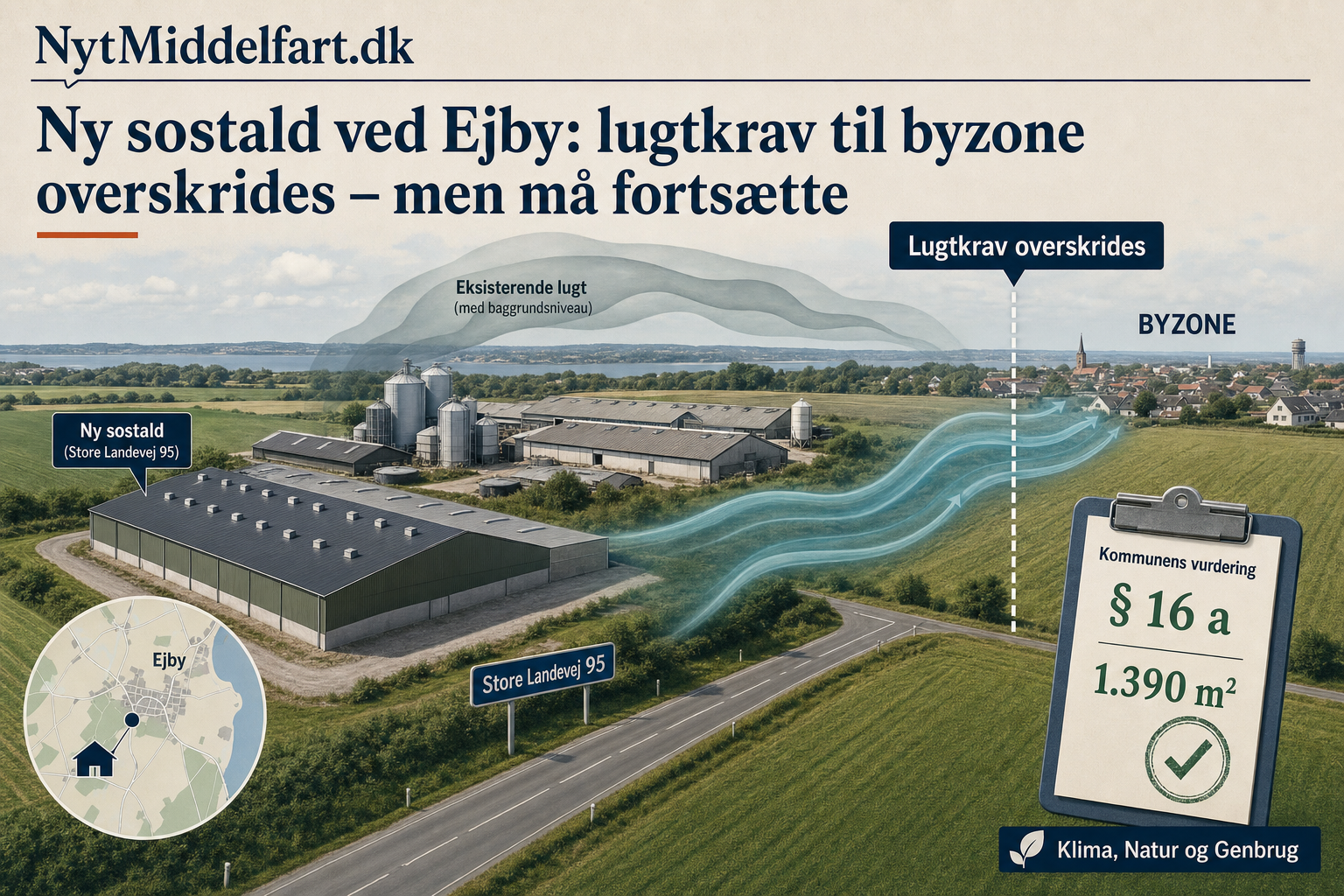 Illustration til: Ny sostald ved Ejby: lugtkrav til byzone overskrides – men må fortsætte