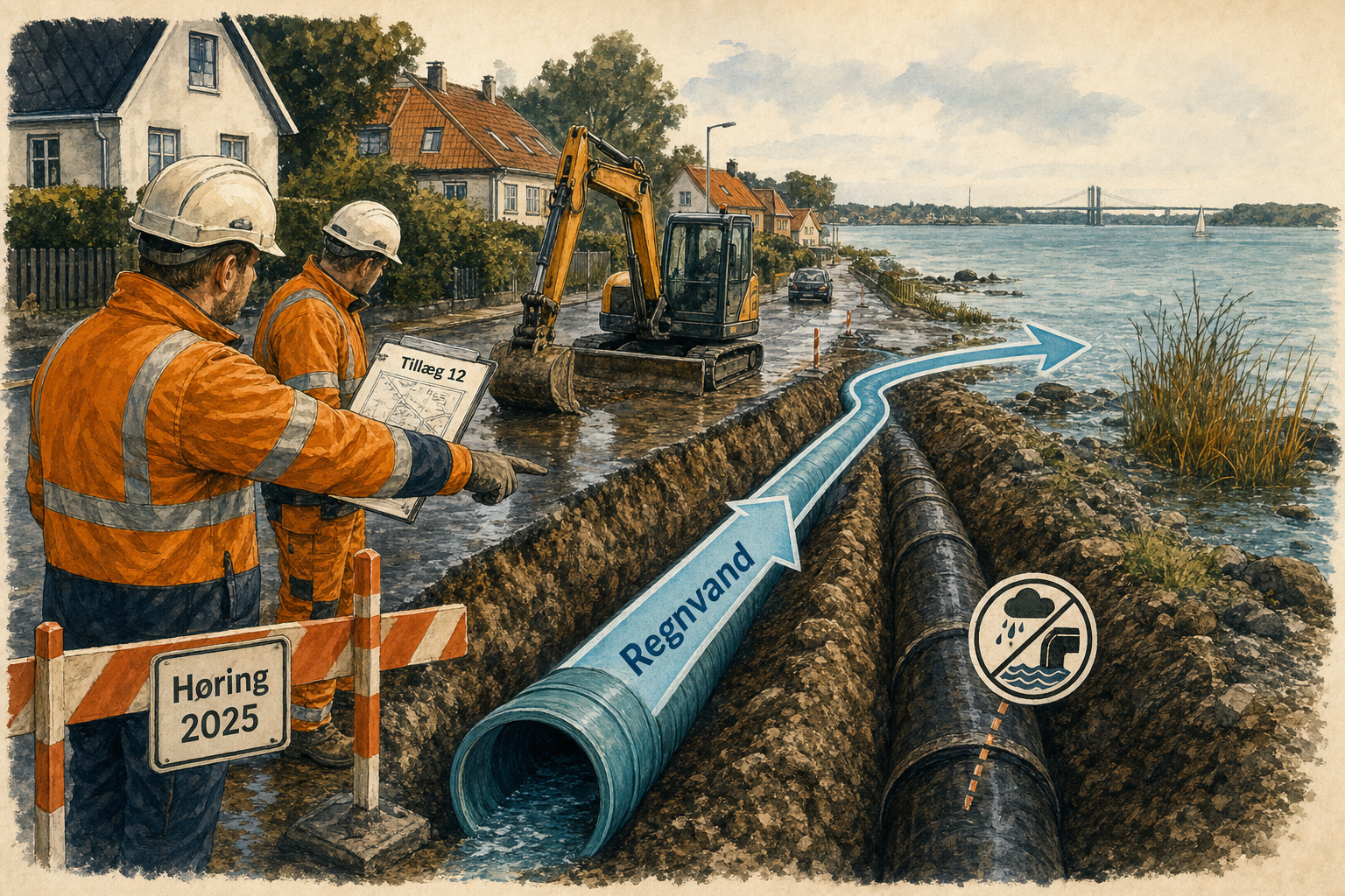 Illustration til: Nordlige Strib får ny regnvandsledning – skal mindske overløb til Lillebælt
