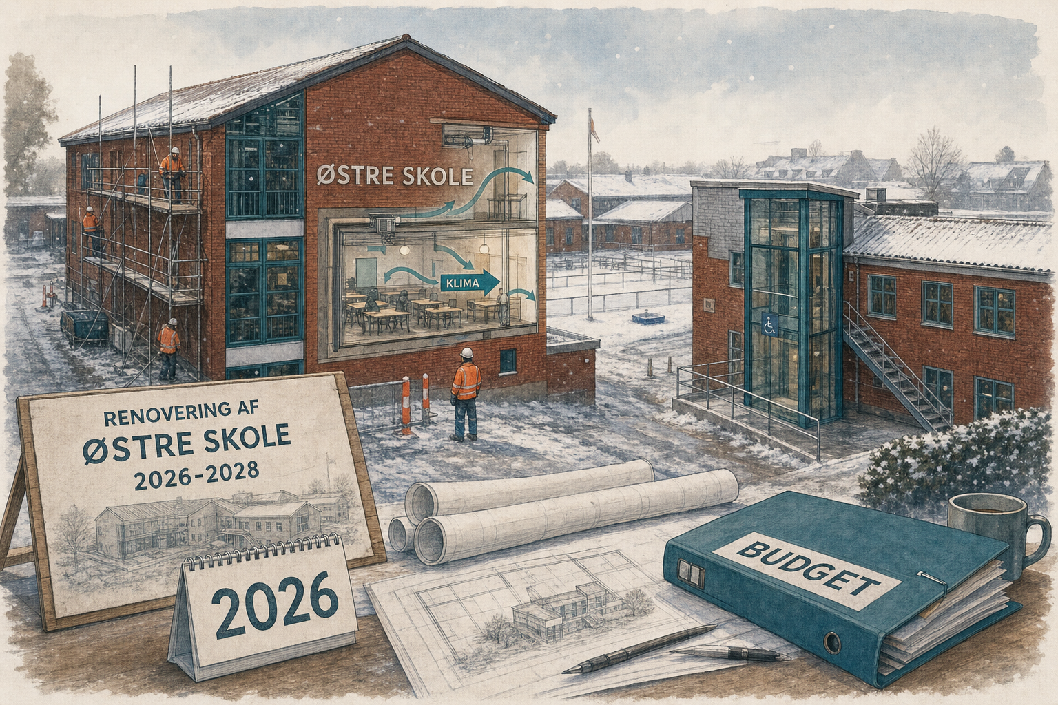 Illustration til: Større renovering af Østre Skole: nyt indeklima, nye vinduer og elevator