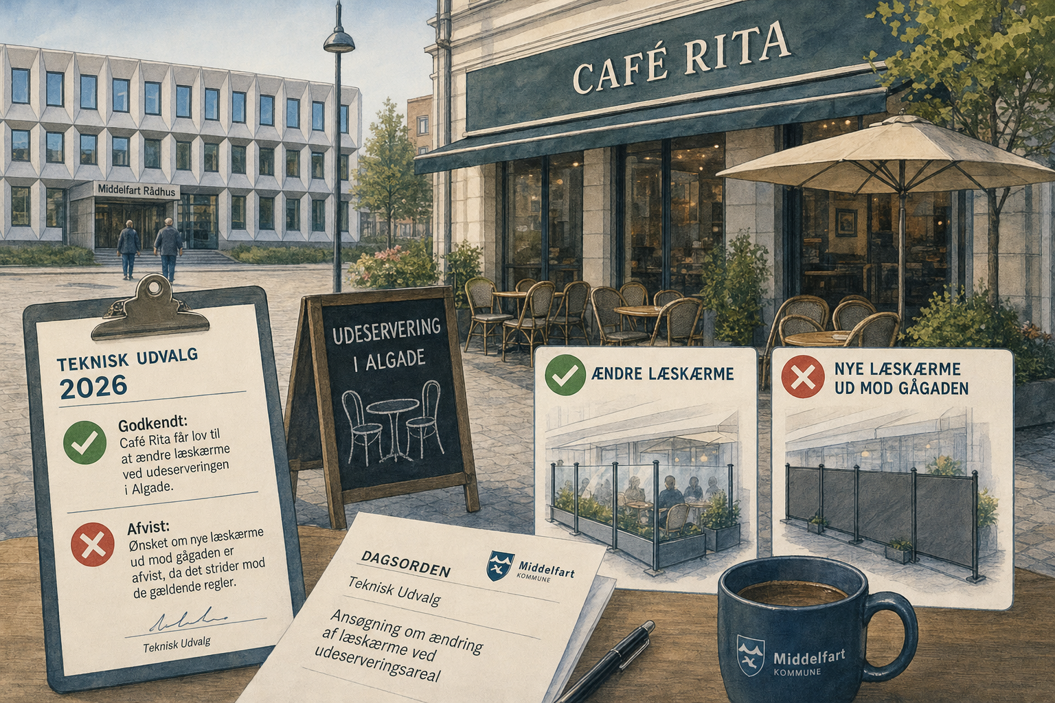 Illustration til: Café Rita får lov til at ændre læskærme, men ikke afskærme mod gågaden